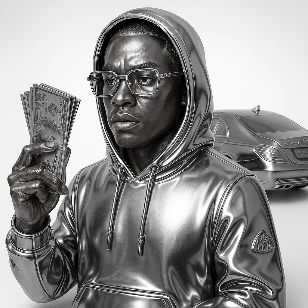 chrome style icon of a person with natural light brown skin tone, expressive facial features, and a hand naturally showing a missing finger, dressed in shiny chrome hoodie and clothes, Cartier glasses, holding realistic US dollar bills instead of money, featuring a Maybach car in the background, bold iconic style emoji