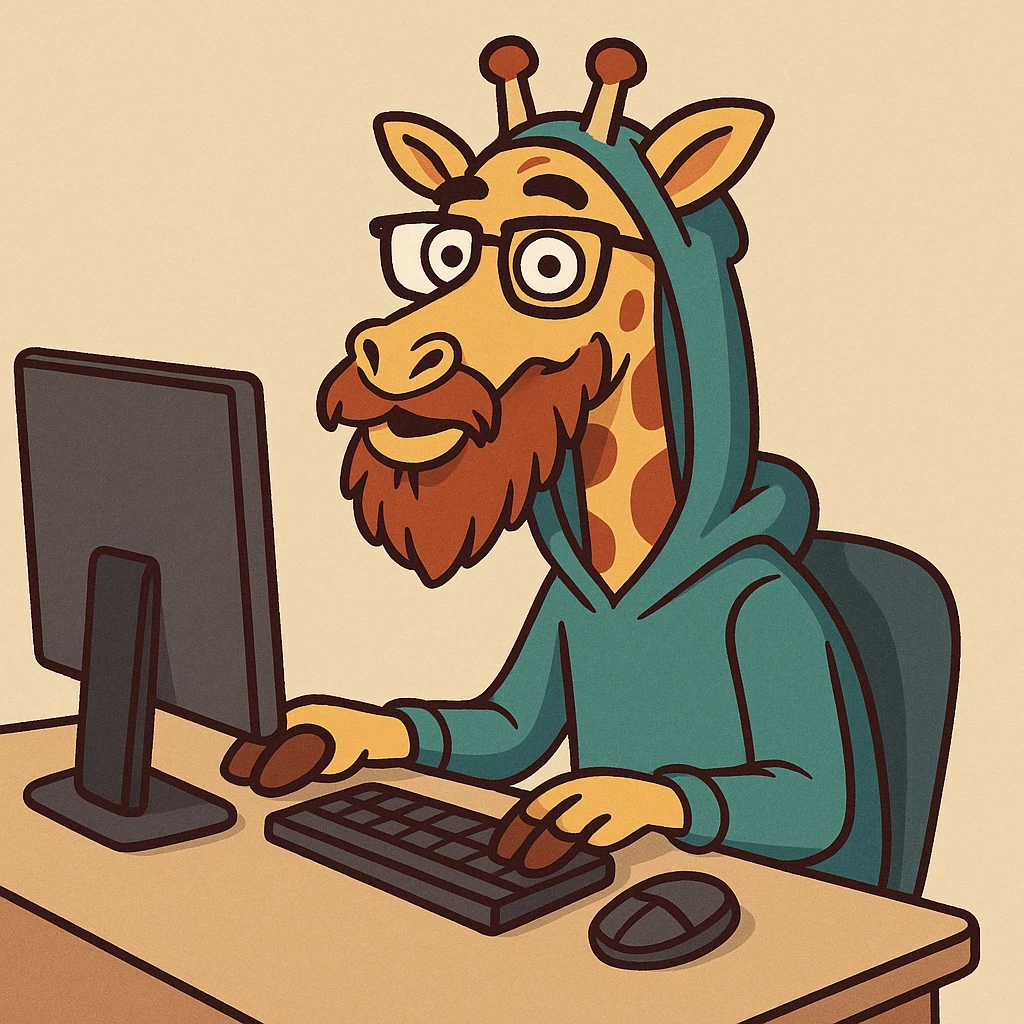 cartoon style illustration of a giraffe with a beard, glasses, and a hood, sitting at a computer, vibrant colors, playful and expressive emoji