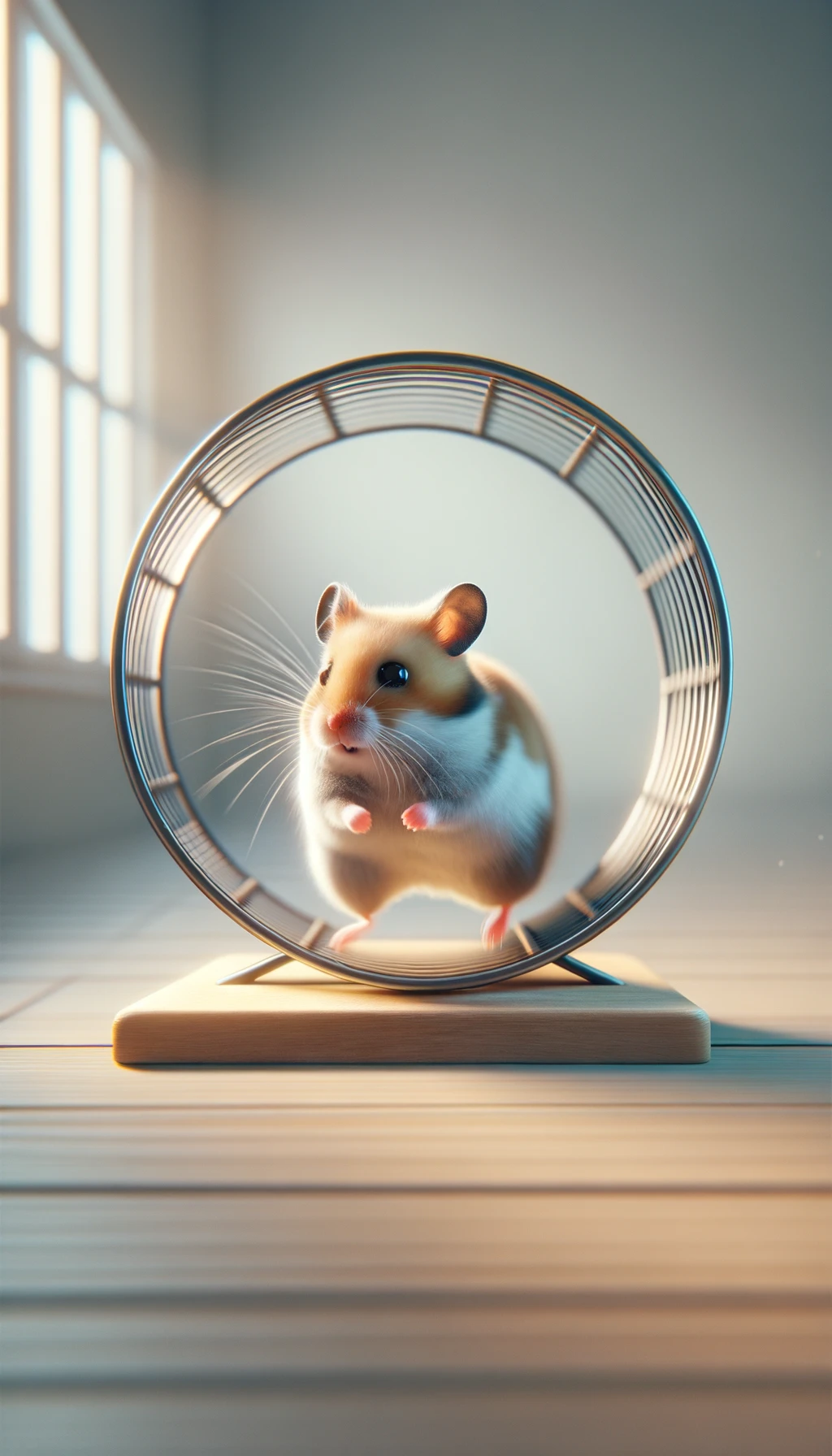 criceto stressato che corre sulla ruota, sfondo chiaro, iperrealistica 4k emoji