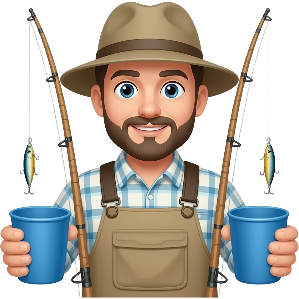 a fisherman standing towards the camera facing 2 blue cups holding a fishing rod and his lure went into both cups emoji