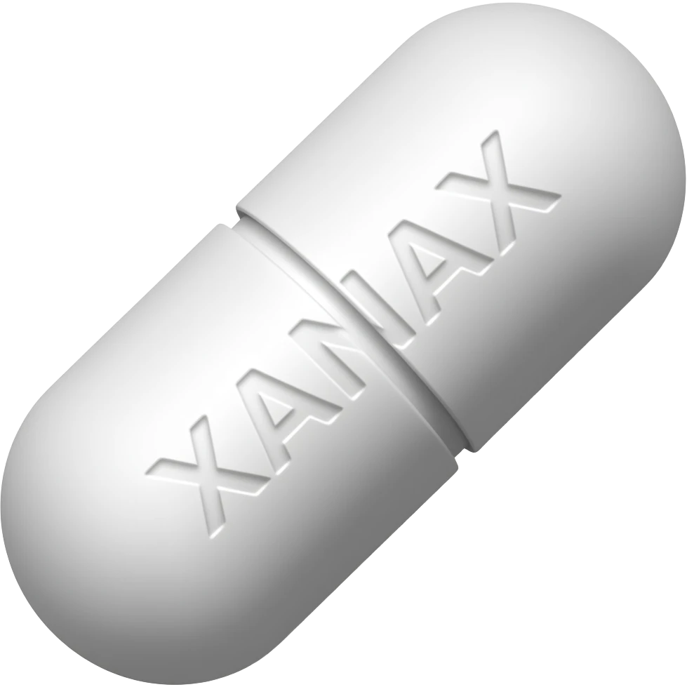 a long white pill that has XANAX engraved and 3 divided parts instead of the usual 2 emoji