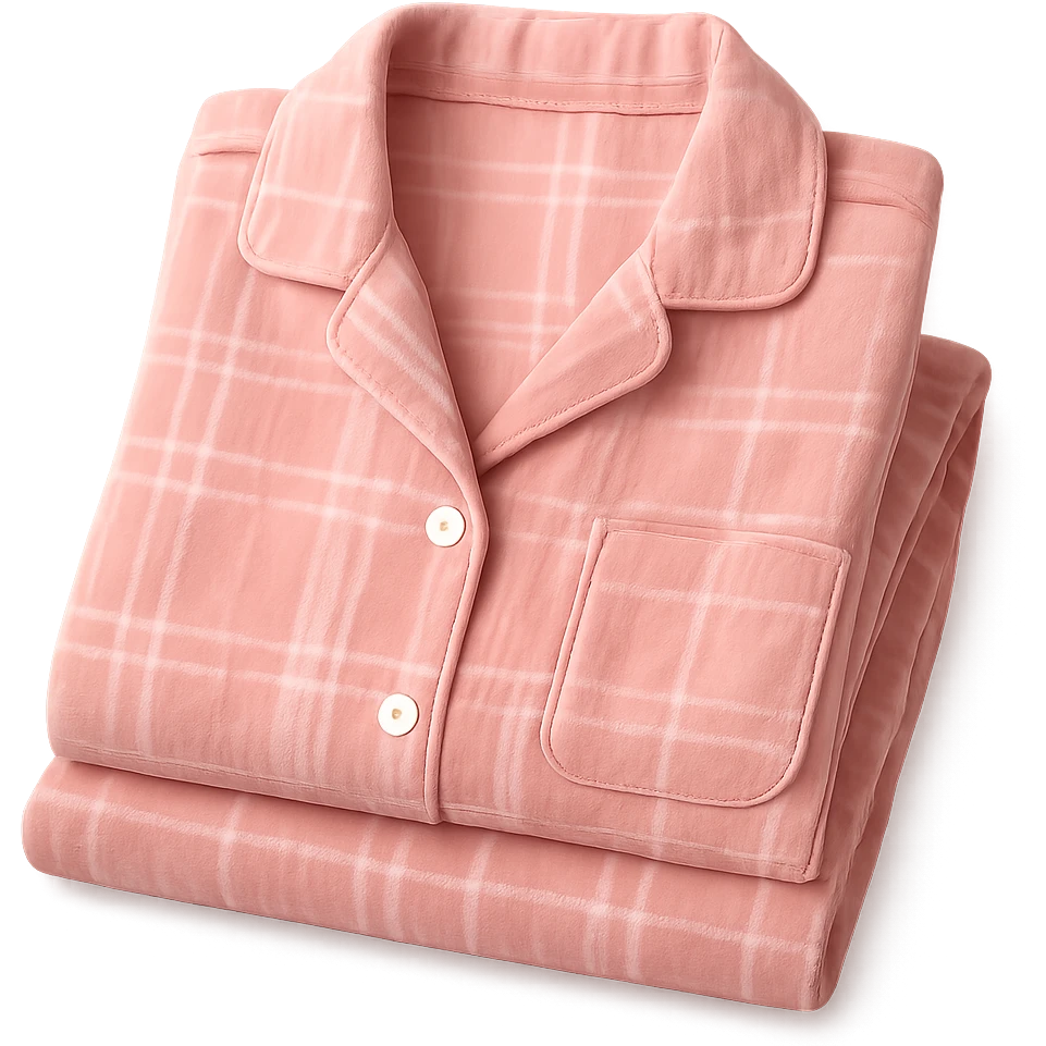pink flannel pajamas folded neatly, soft and inviting emoji