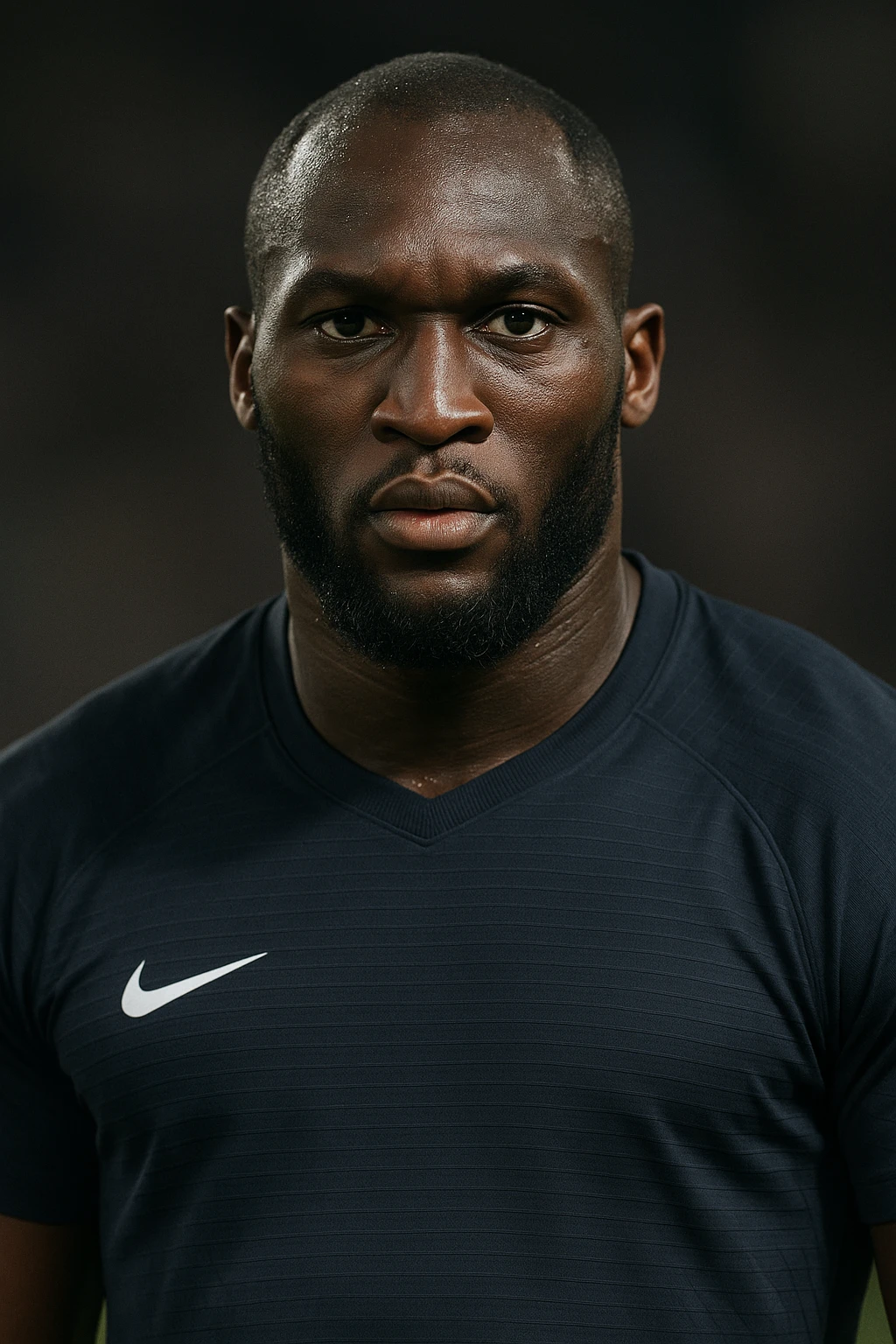 Romelu Lukaku as a powerful football striker, athletic build, short hair, realistic and detailed portrait emoji