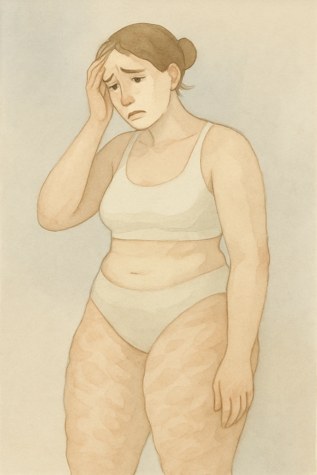painterly style with soft colors of a woman with a lot of cellulite, visibly desperate and tired of her condition, face visible with a marked expression of despair and fatigue, gradient background emoji