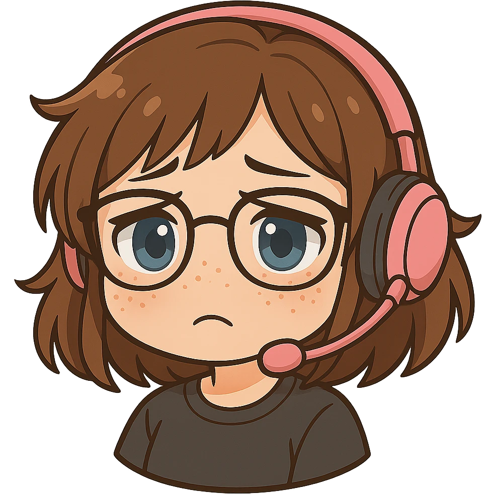 Chibi woman with shoulder length choppy brown hair, pink gaming headset, freckles, glasses, and blue eyes, sad expression, chibi stickers style, no background. emoji