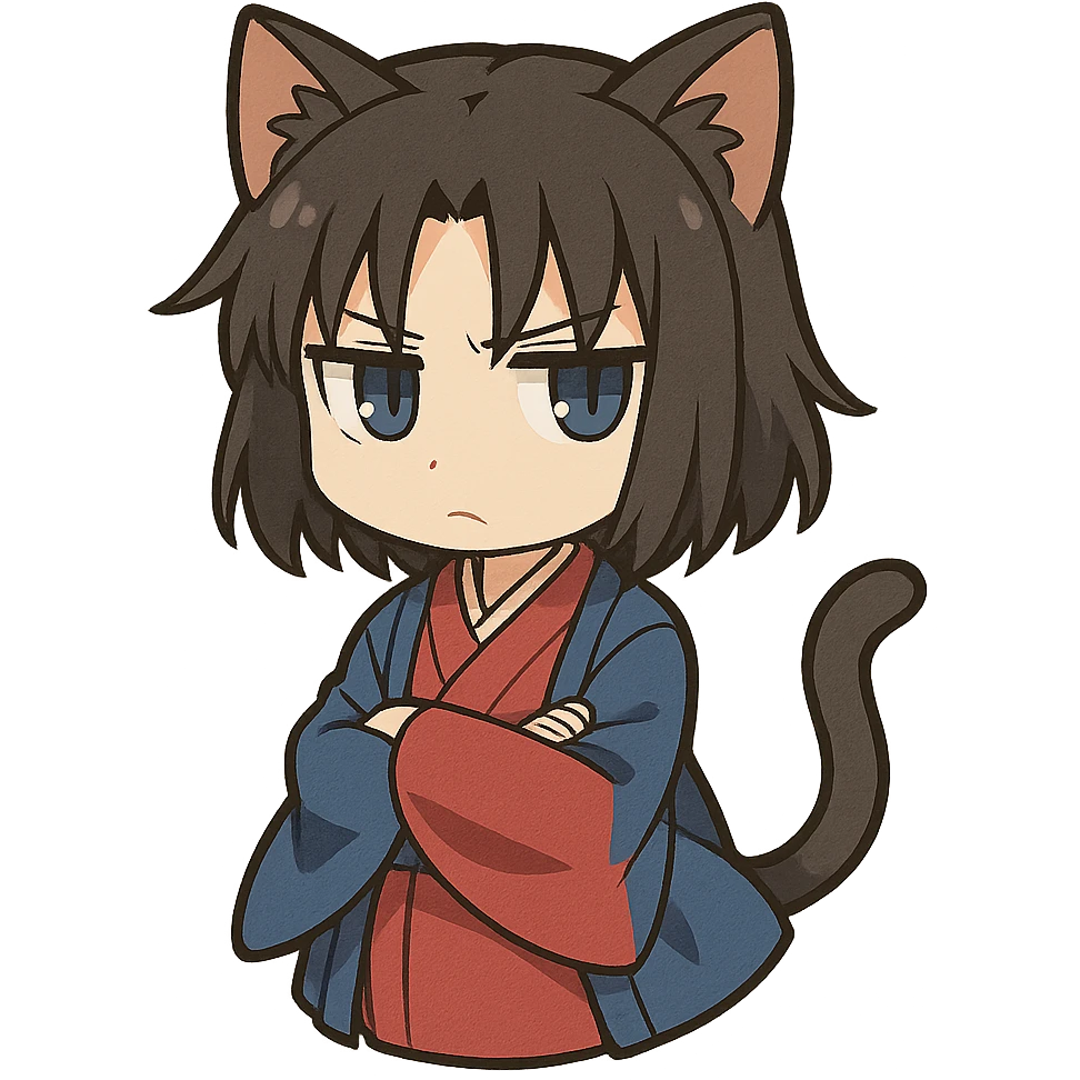 Ryougi Shiki as a chibi, wearing cat ears and tail, with a cold look, in her kimono emoji