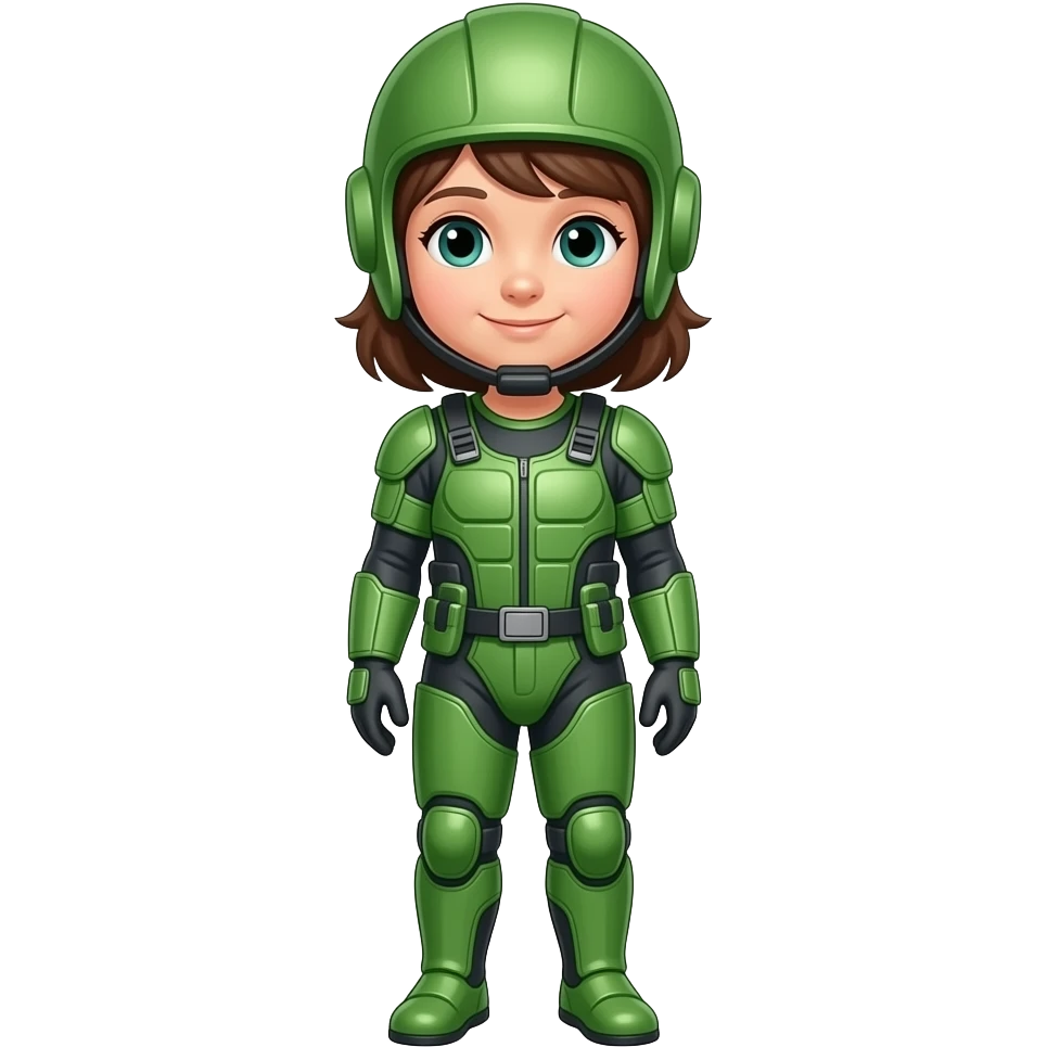 Child standing upright, green protective gear over simple clothes, relaxed upright posture.
 emoji