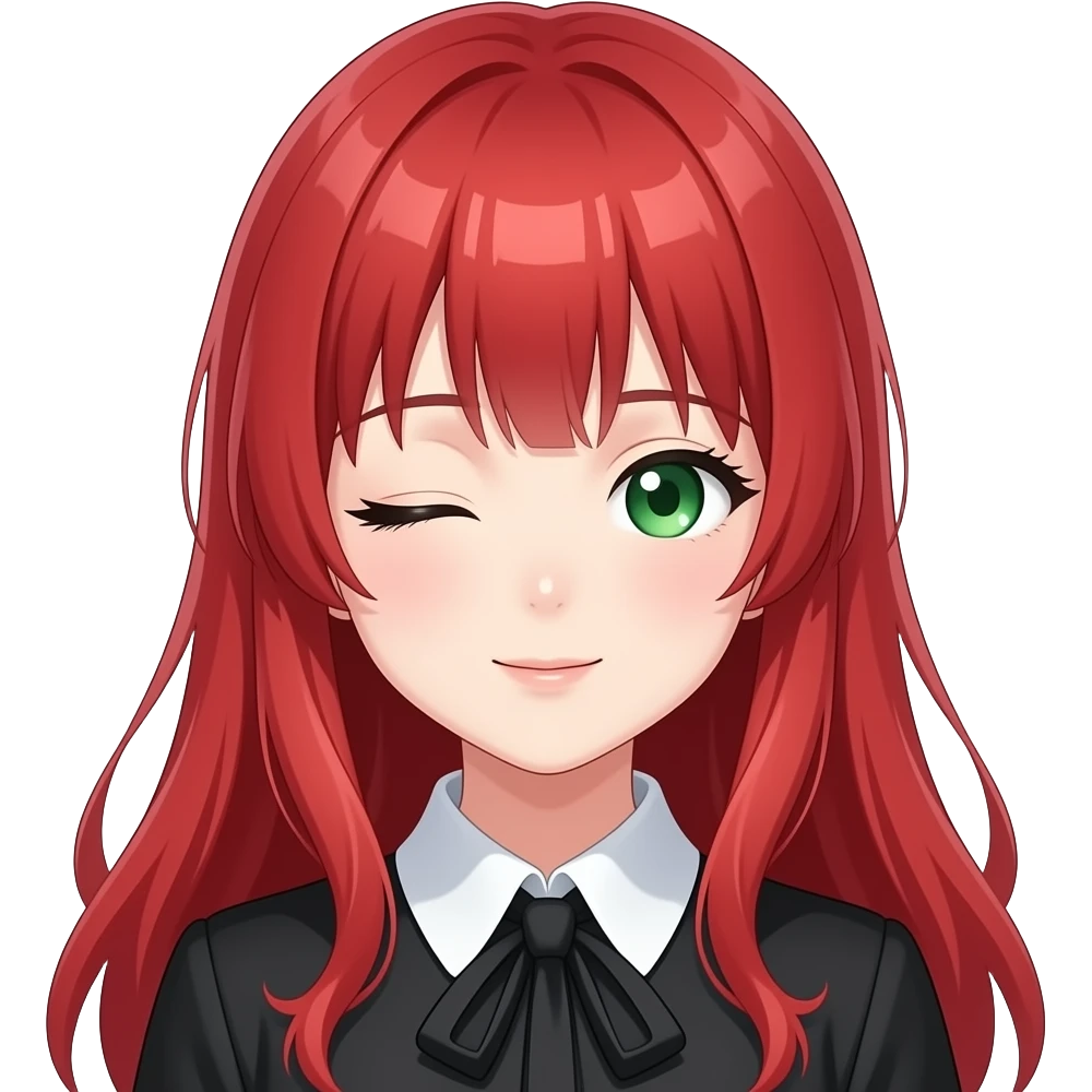 anime girl eyes half closed red hair green eyes black blouse with white collar emoji