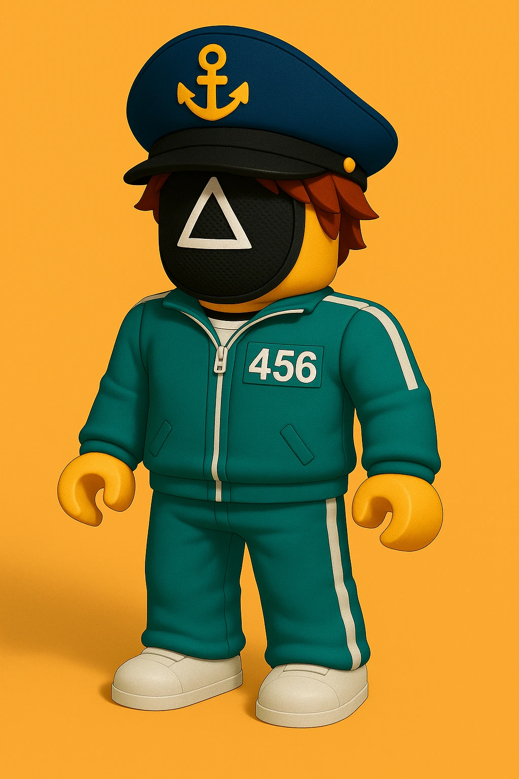 Add a Squid Game mask to the Roblox bacon character while keeping the Squid Game player tracksuit and captain hat. The style should be playful and bold, emphasizing the character's fun and striking appearance. emoji