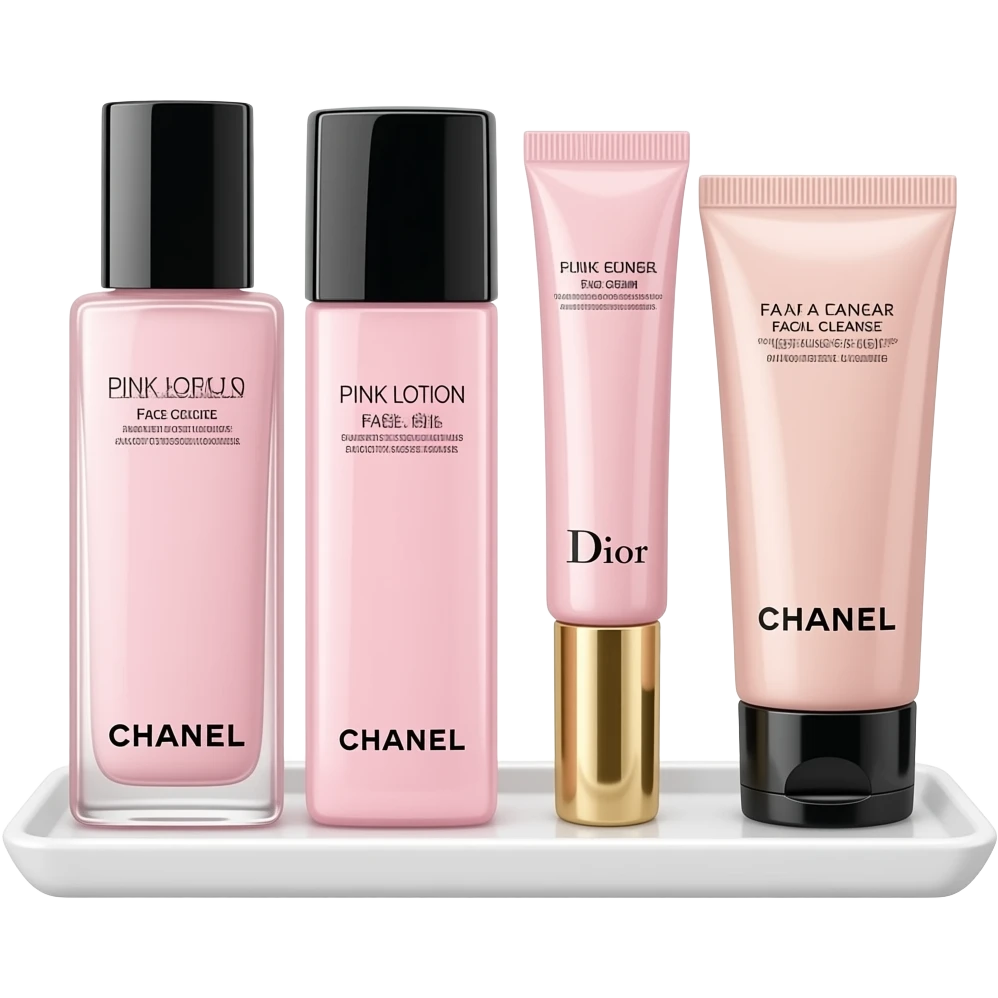 Chanel's pink toner and lotion, Dior eye cream and face cream, Chanel facial cleanser, and a sheet mask, all neatly arranged emoji