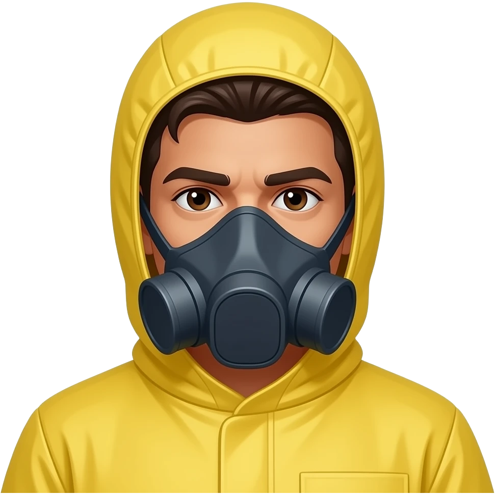 mexican man dark brown hair yellow hazmat suit with hood on and mask emoji