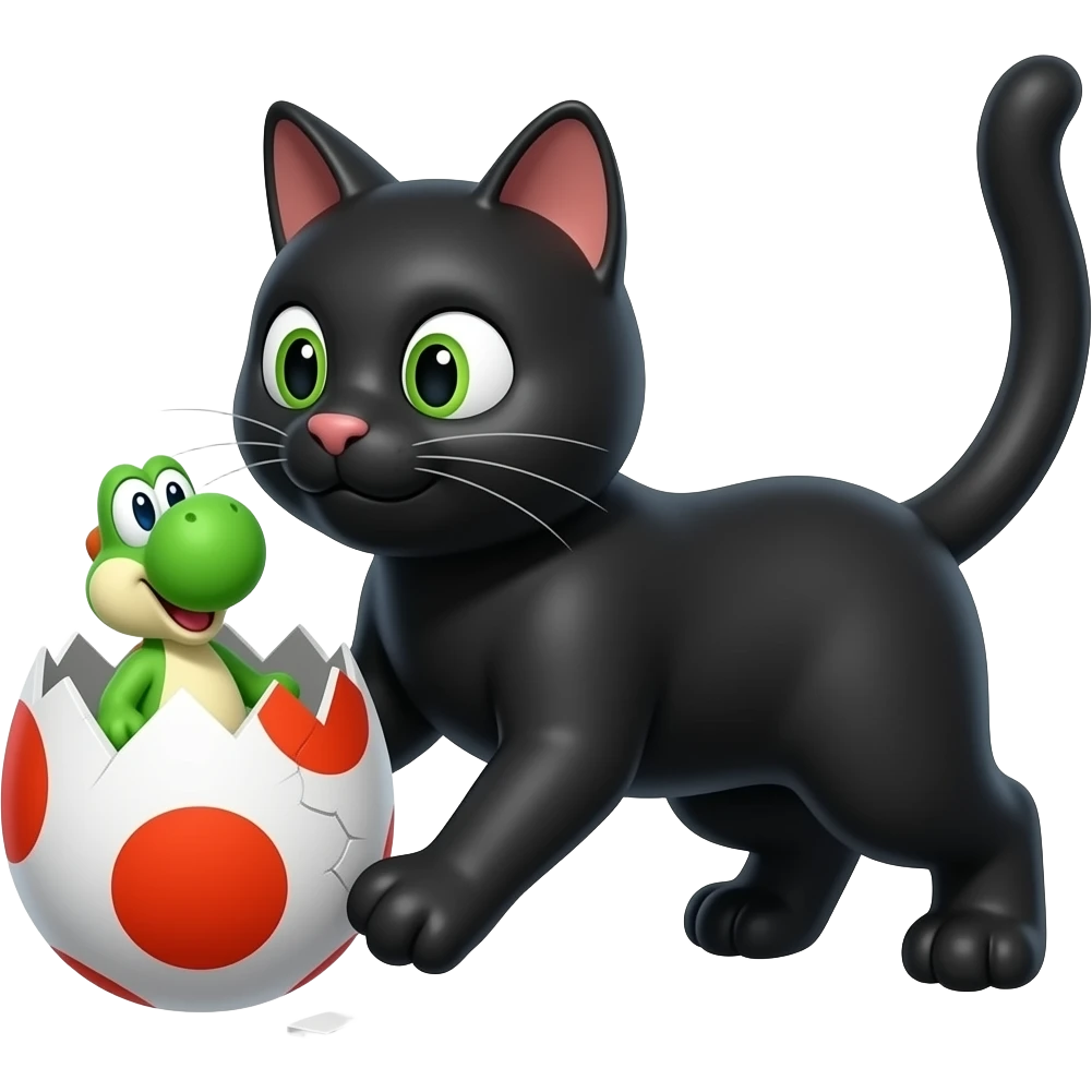 solid black cat playing with a yoshi egg from the super mario franchise, the egg is cracked open with a little yoshi popping out emoji