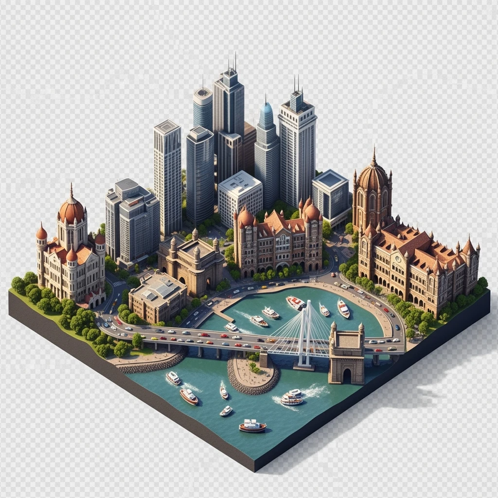 Isometric miniature of Mumbai city, featuring iconic landmarks like Gateway of India, Bandra-Worli Sea Link, Chhatrapati Shivaji Terminus, and skyscrapers, 3D miniature effect and Tilt Shift effect, no cartoonish look, transparent background. emoji