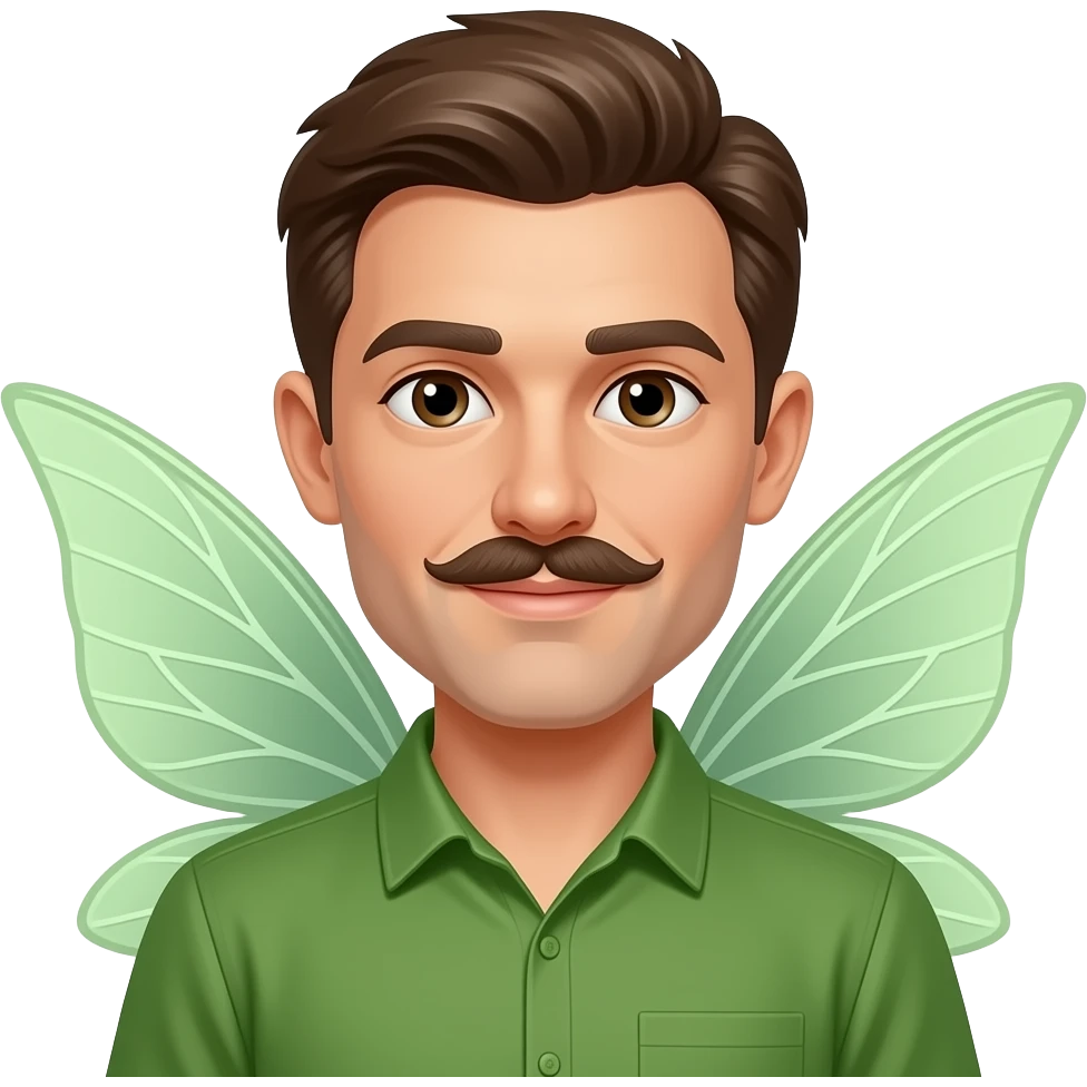 fairy face , man, fairy wings sticking out behind shoulders, and only mustache emoji