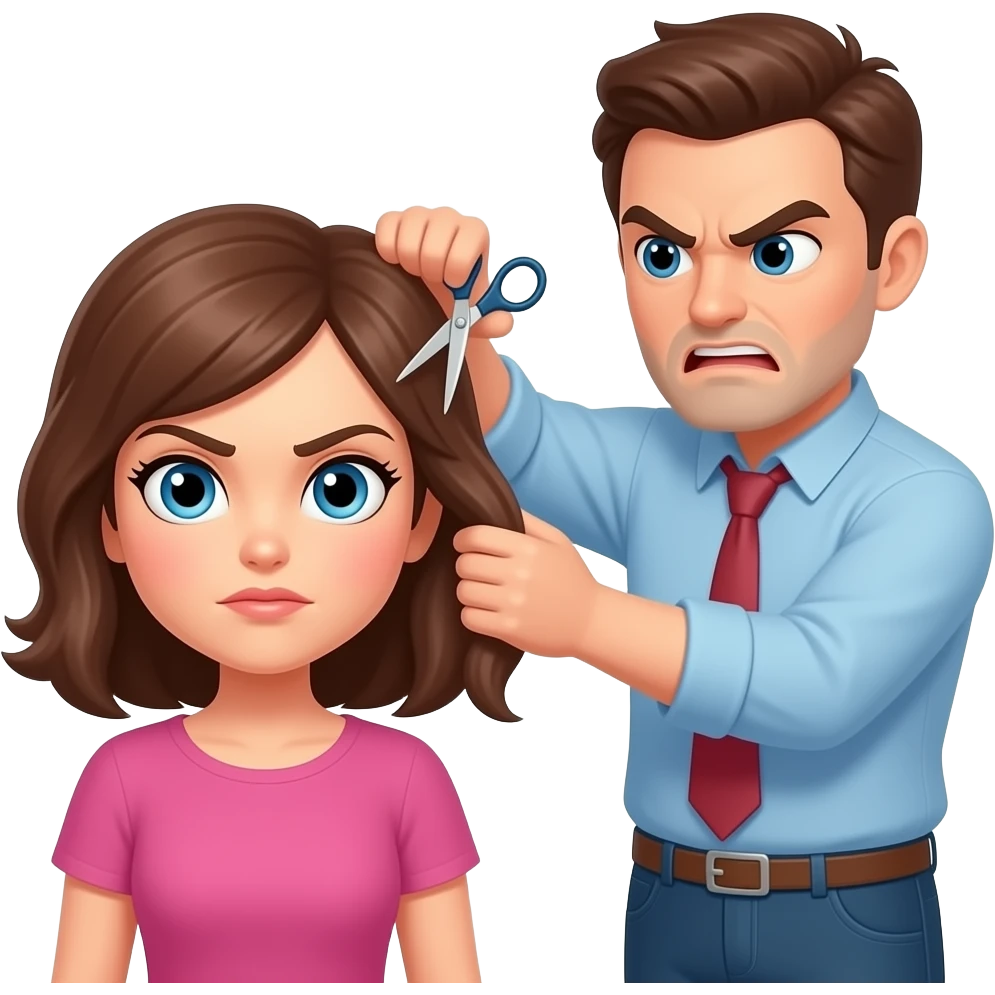 Mad Husband telling wife to put the scissors down and away from her hair because she she is going to mess it up emoji