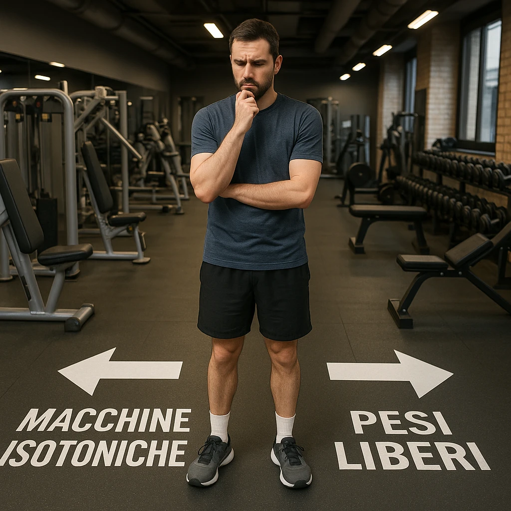 Realistic detailed scene of a man in a gym with an indecisive expression, observing two directional arrows on the floor: one towards isotonic machines, the other towards free weights, with Italian text, atmosphere of doubt, 4K quality. emoji