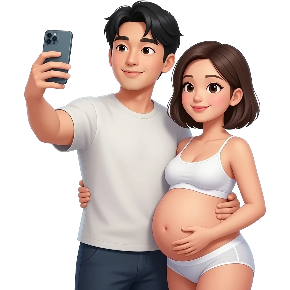 generate me a hot korean guy pregnant taking a mirror selfie with bangs with a hot younf filipina with short hair besides him carrying his womb. make them wear underwear. the male is the pregnant one. make the woman do a backhug on him emoji
