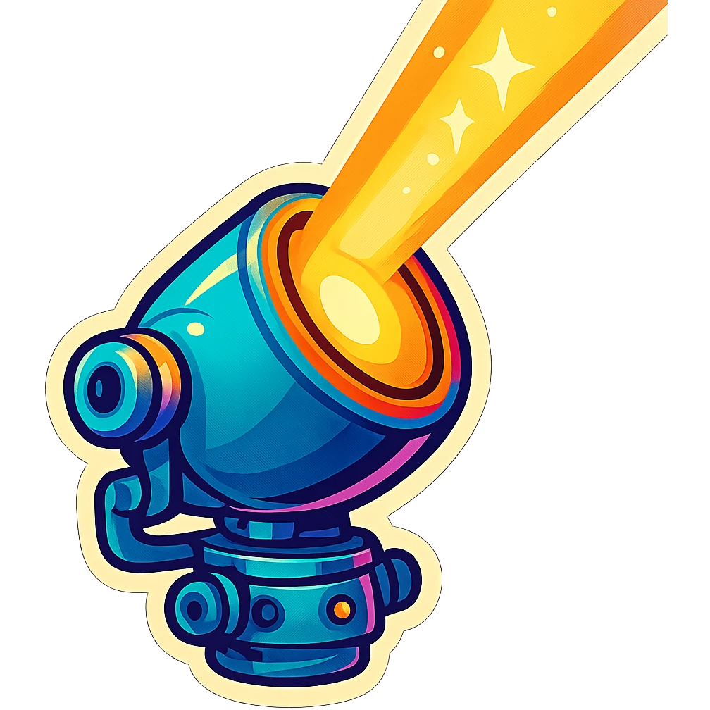 Spotlight pointing upward with a bright beam, rendered in retro stickers style with vibrant colors and bold outlines, emphasizing a nostalgic and vivid look. emoji