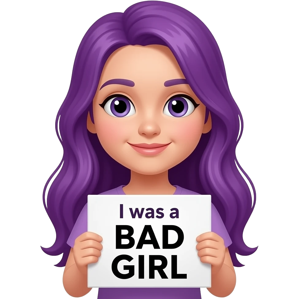 girl with long purple hair holding a I was a BAD GIRL sign emoji