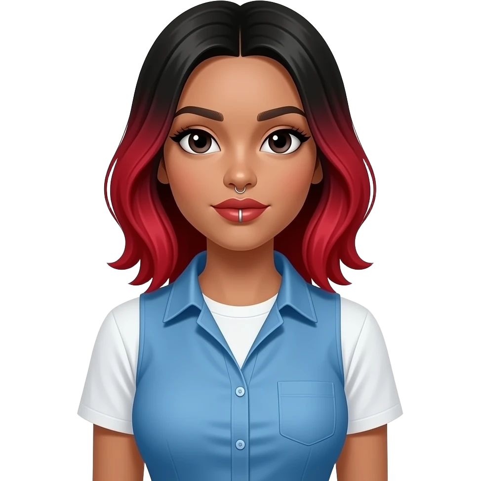 Black to red hair. Tan skin. Girl. Lip piercing. Nose ring. Blue dress shirt. Large breasts. White tshirt. emoji