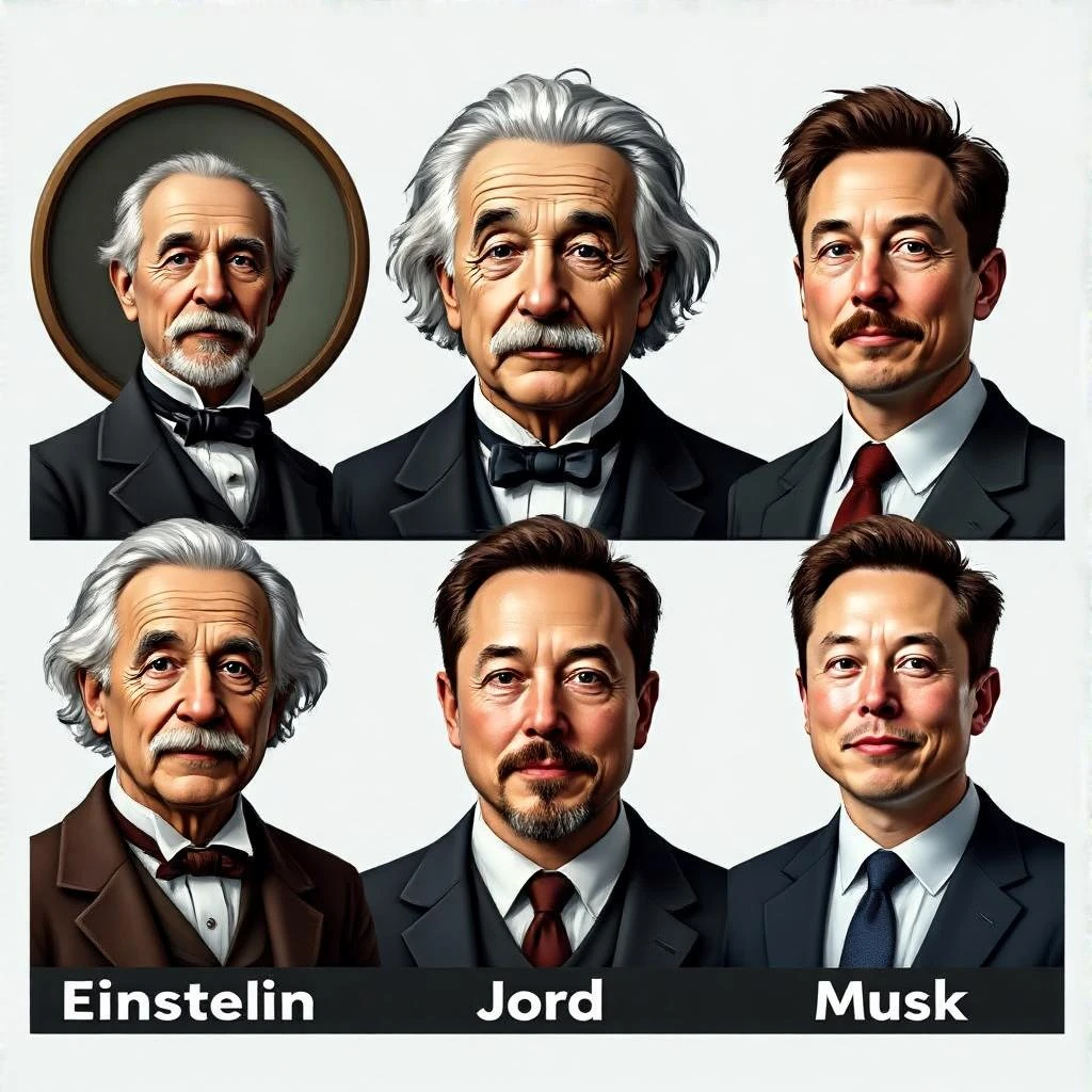 Generate in realistic style Franklin, Edison, Ford in the first row, Einstein, Jobs and Musk in the second behind them. png on transparent background emoji