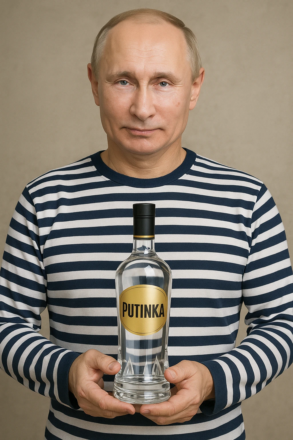 Сгенерируй мне как владимир путин в тельняжке держит эту водку, и на ней прям написанно только Путинка, другой текст убери. Путин полностью помещается в кадре, бутылка целиком и чётко видна в его руках, не обрезана краями изображения. На этикетке только слово «Путинка», без другого текста emoji