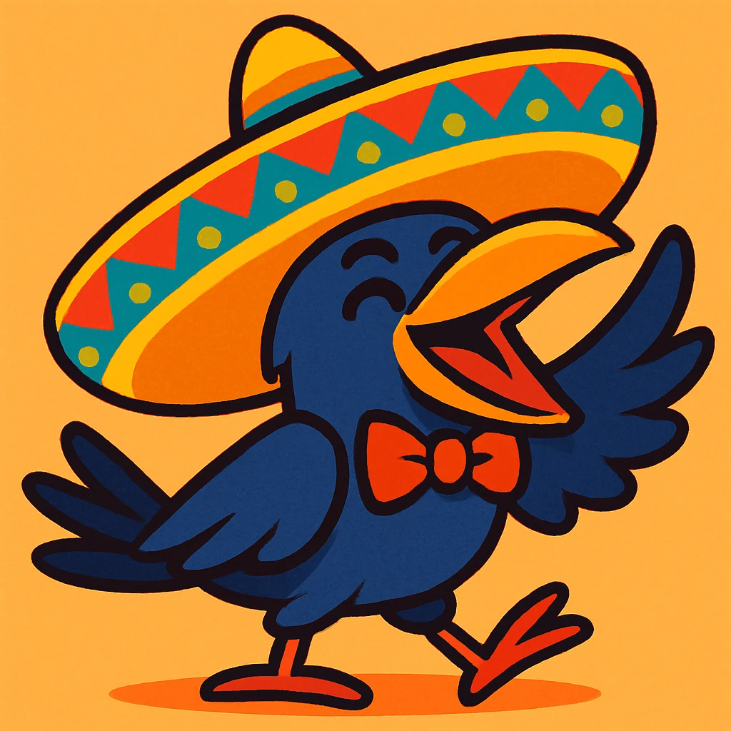 a cartoon crow with a large mariachi sombrero, festive look, colorful and lively emoji
