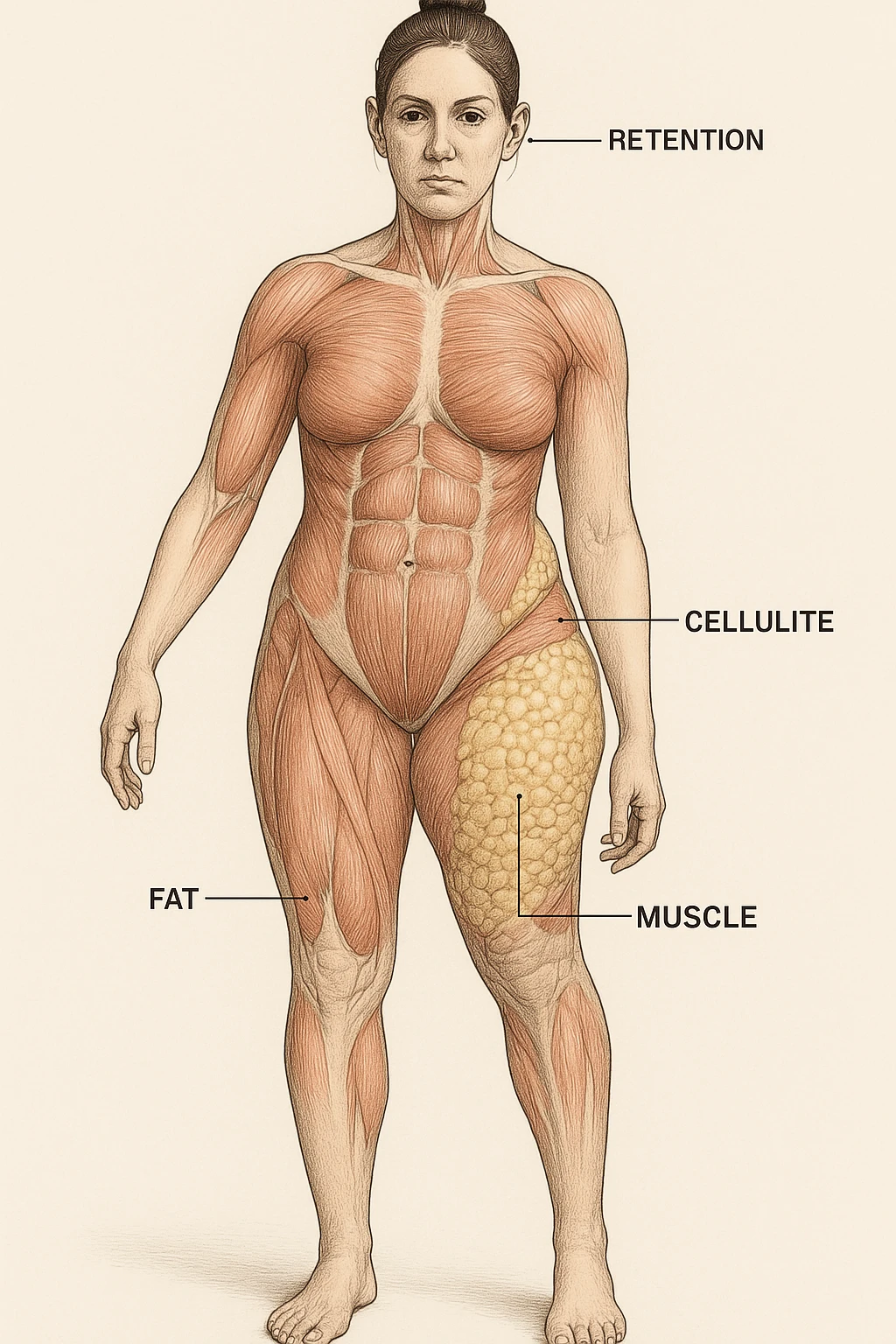 Donna vista anatomicamente con fianchi asimmetrici ed inestetismi come ritenzione e cellulite emoji