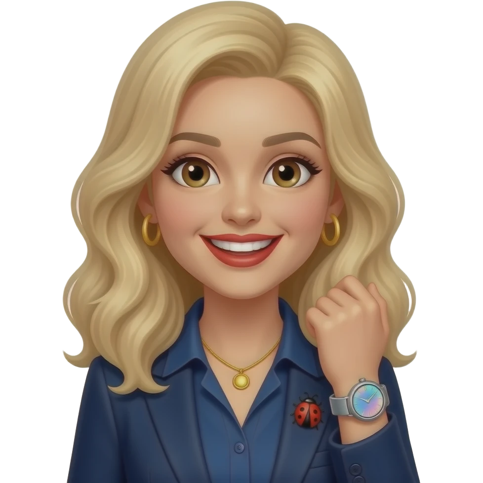whiteskin + lightly-wavy-blonde-hair+-big-light-brown-eyes-with-spark-+-happy-teeth-smile-+--gold-color-necklace without pendant+  and circle earring-+-armwatch-with-blue&pink-hologram-dial-and-silver-band-+-red-lipstick-+-dark blue-blazer and dark blue shirt with ladybug brosch on shirt 2nd button emoji