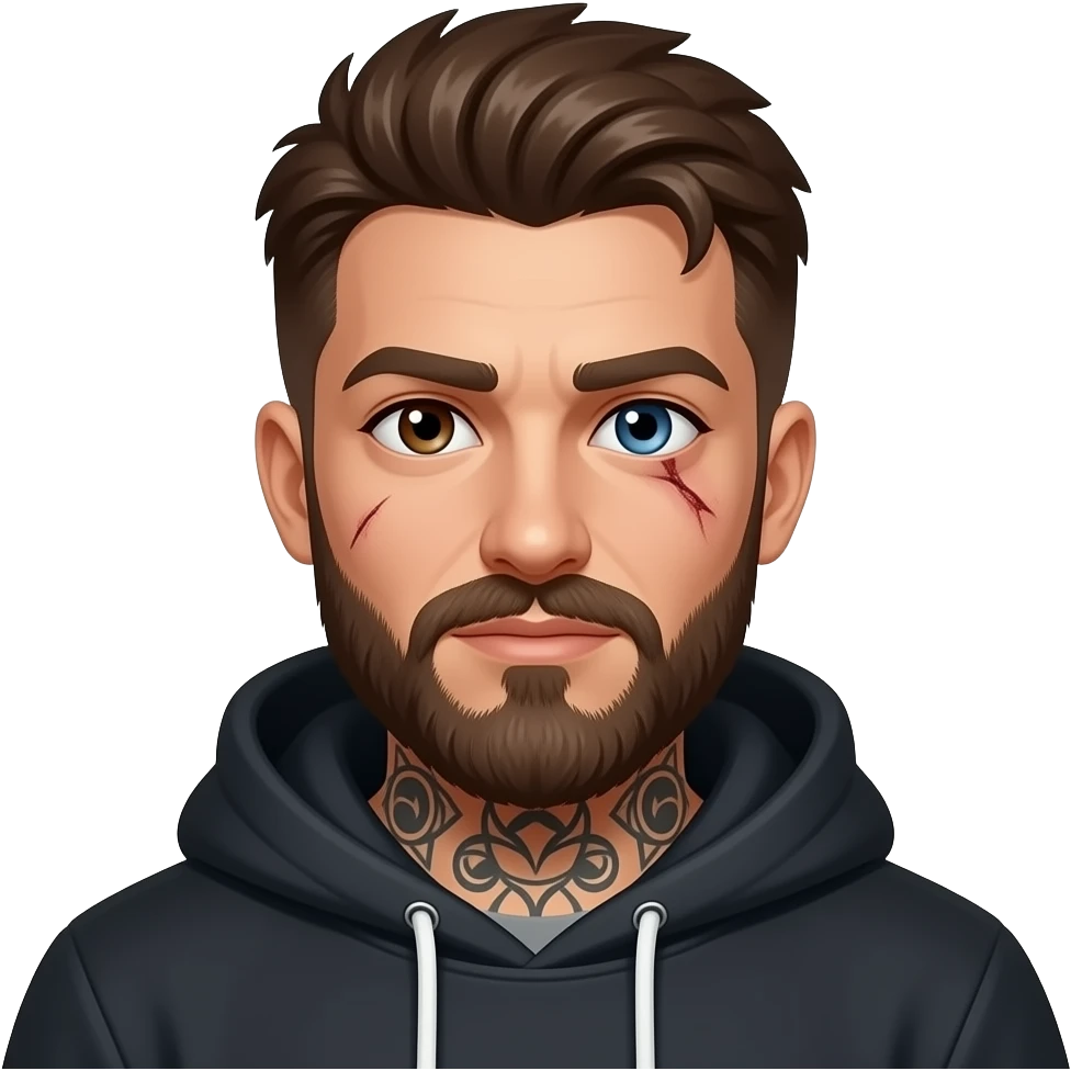 Hot guy, beard, tattoos, hoodie, right eye blue, left eye drak brown, scar on the left eye emoji