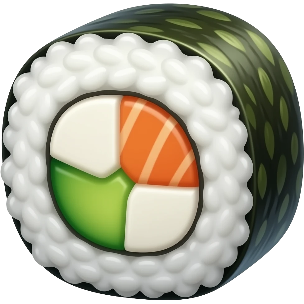 single closeup uramaki in apple emoji style. it should have rive as outer layer. emoji