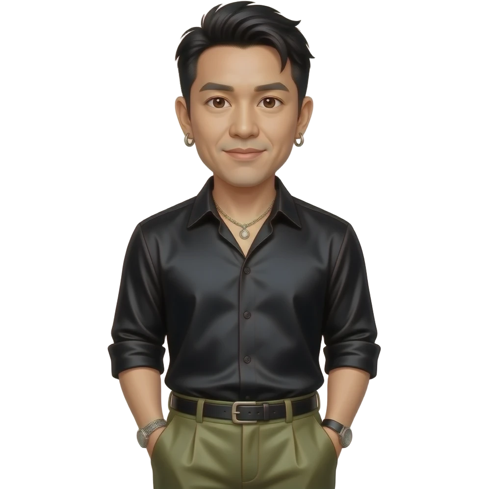 Mike Shinoda with brown eyes, black hair, black silk shirt, olive silk baggy pants, necklace and earrings emoji