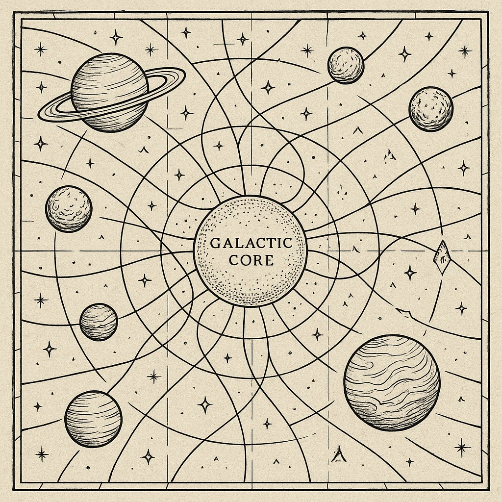 a design for an decorative black and white map, showing linework of galactic planets and a galactic ley lines. matrix map. black linework. neat and minimal design, showing expanse and hazards deep into space beyond the galactic core

 emoji