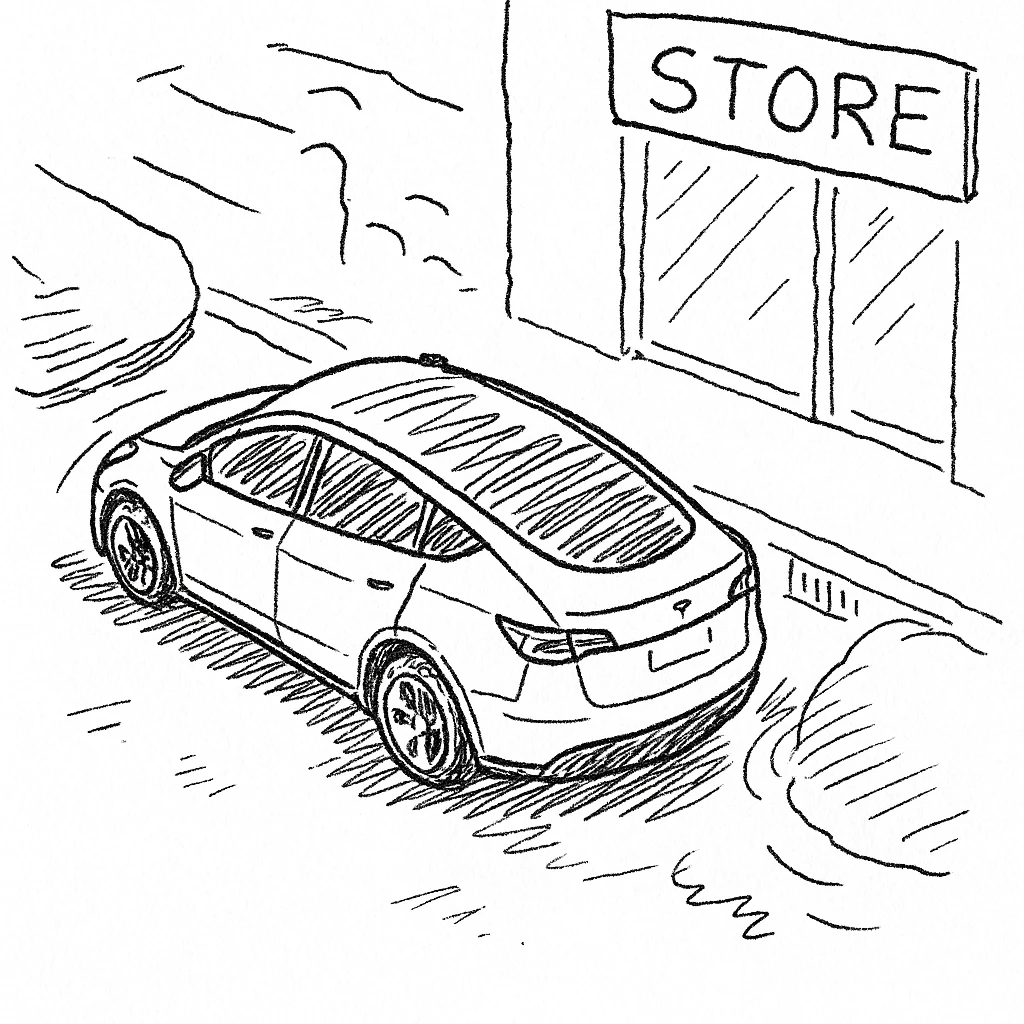 A Tesla Model Y parallel parking in front of a store, from above emoji