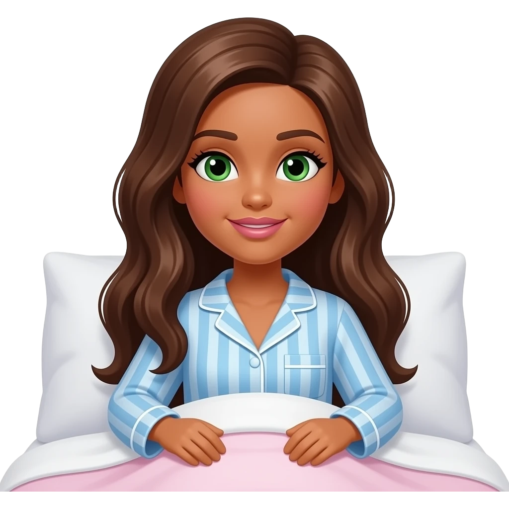Brown skin brown hair green eyes Barbie in pajamas in bed emoji