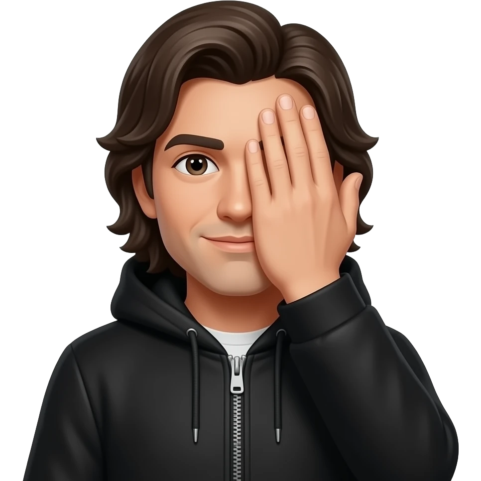 Homem vestido de preto tampando a cara com uma mao emoji