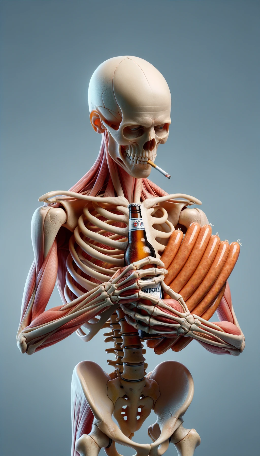 CORPO UMANO ANATOMICO TIENE UNA SIGARETTA IN BOCCA E STA FUMANDO MENTRE TIENE TRA LE BRACCIA UNA BIRRA E WURSTEL CONFEZIONATI, LI GUARDA CON ESPRESSIONE INDECISA IN VOLTO, NEUTRAL CLEAR BACKGROUND, iperrealistico 4k emoji
