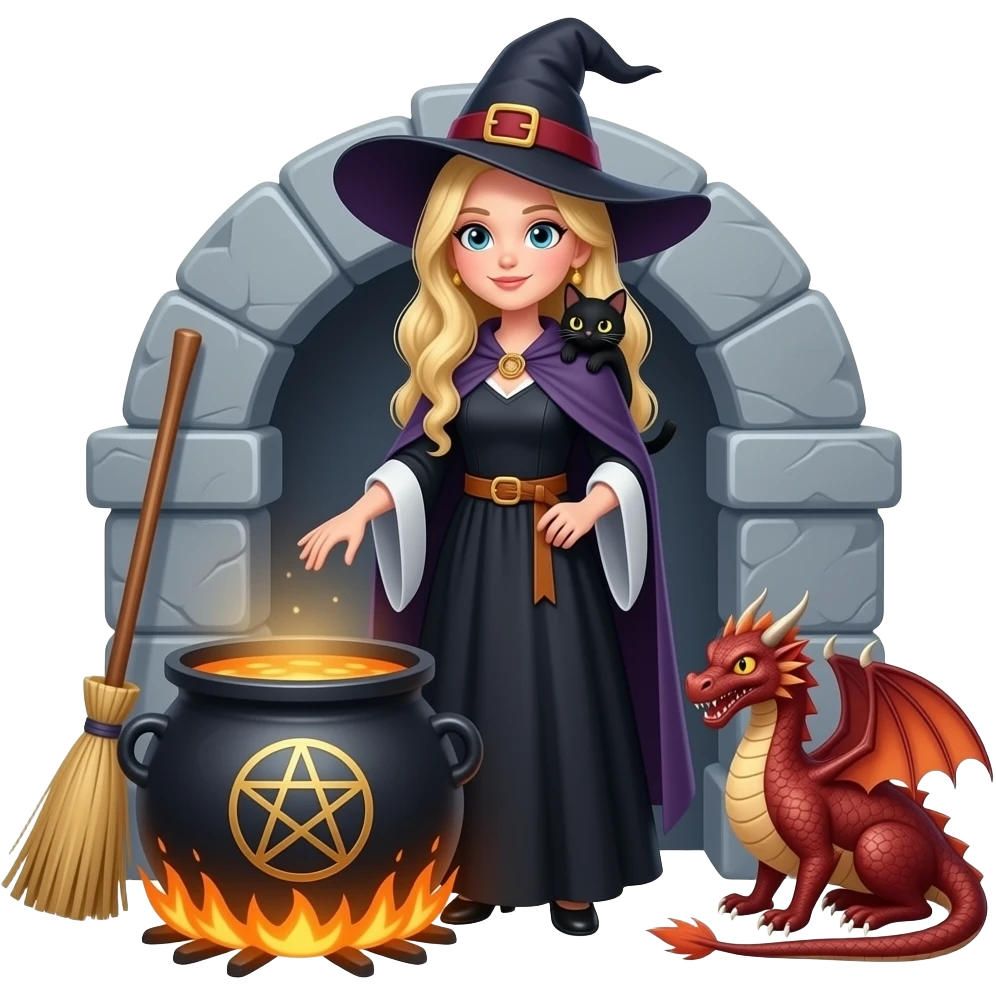 Witch with blonde hair, cauldron, pentagram, black cat, broomstick, dragon emoji