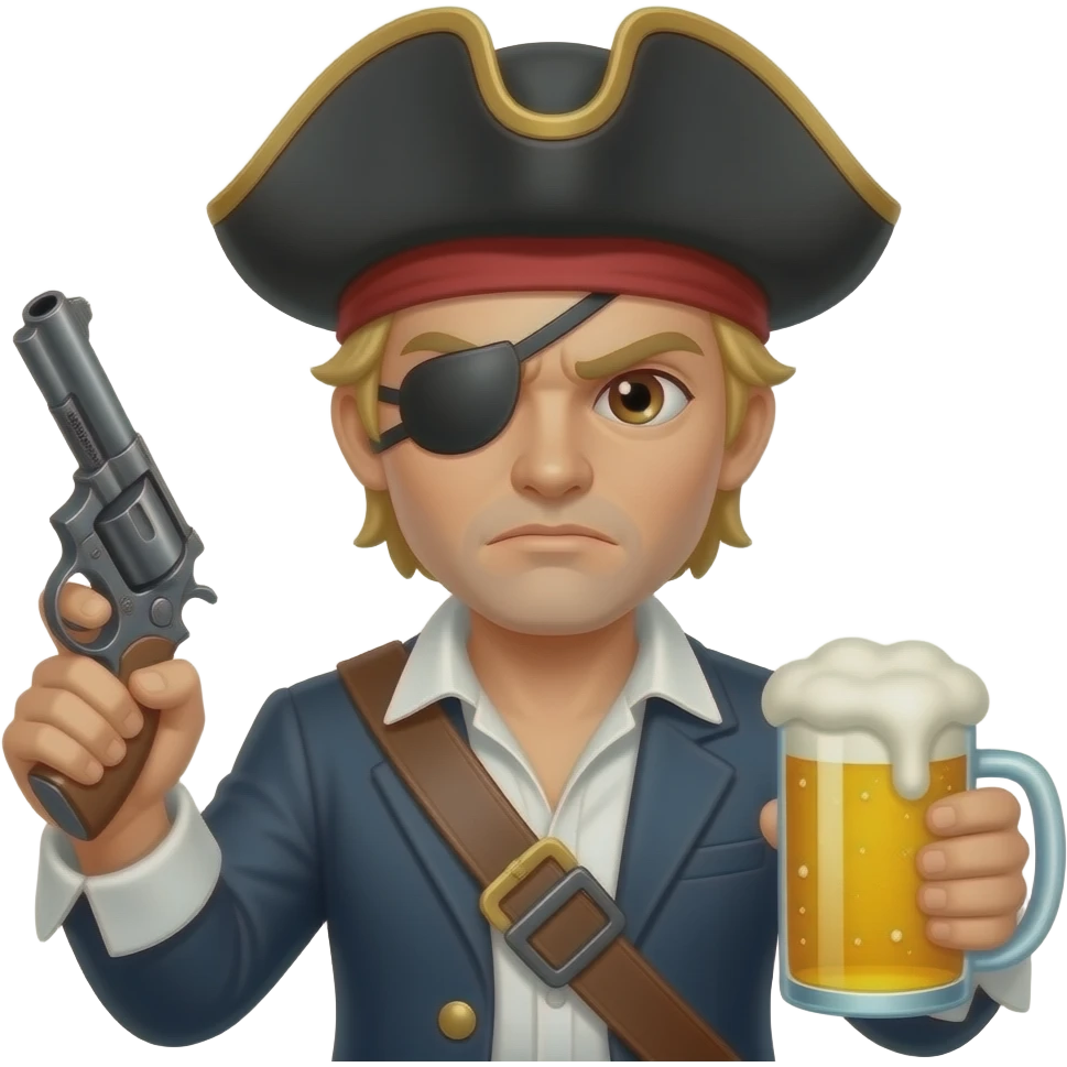 Pirata rubio, pelo corto, con gorro, parche en el ojo, ojos cafés, en una mano una pistola y en la otra una cerveza, expresión facial sería, hombre emoji