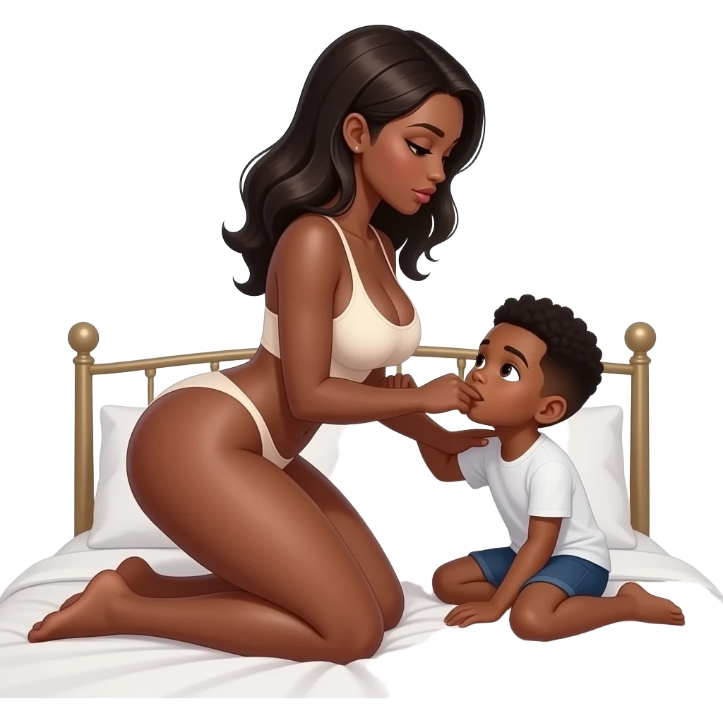 Very tall sexy african pedo girl with big massiv thighs and ass and massive boobs naked   beeing intimate sexual in bed with a small african young boy emoji