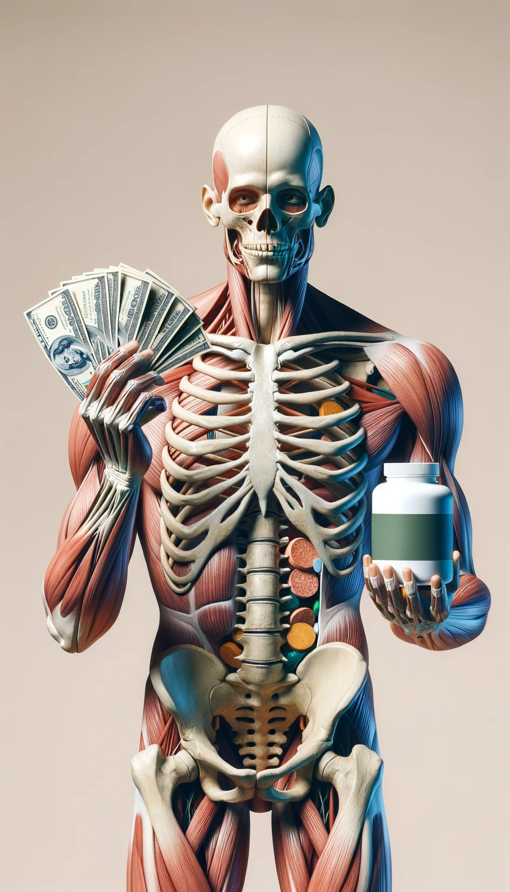 corpo umano anatomico che tiene nella mano destra una boccetta di integratore e nella mano sinistra delle banconote, sfondo neutro chiaro emoji