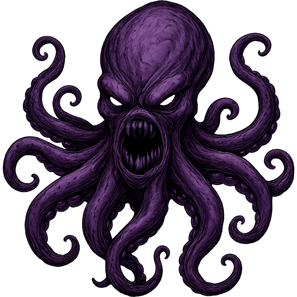 Remove the nose, make the octopus look scary, keep the purple color, with no background. Maintain the original style and details of the octopus while making it look scary and purple. emoji