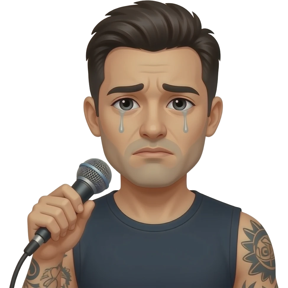 sad, lonely, dark haired with tattoos,divorced man doing a podcast emoji