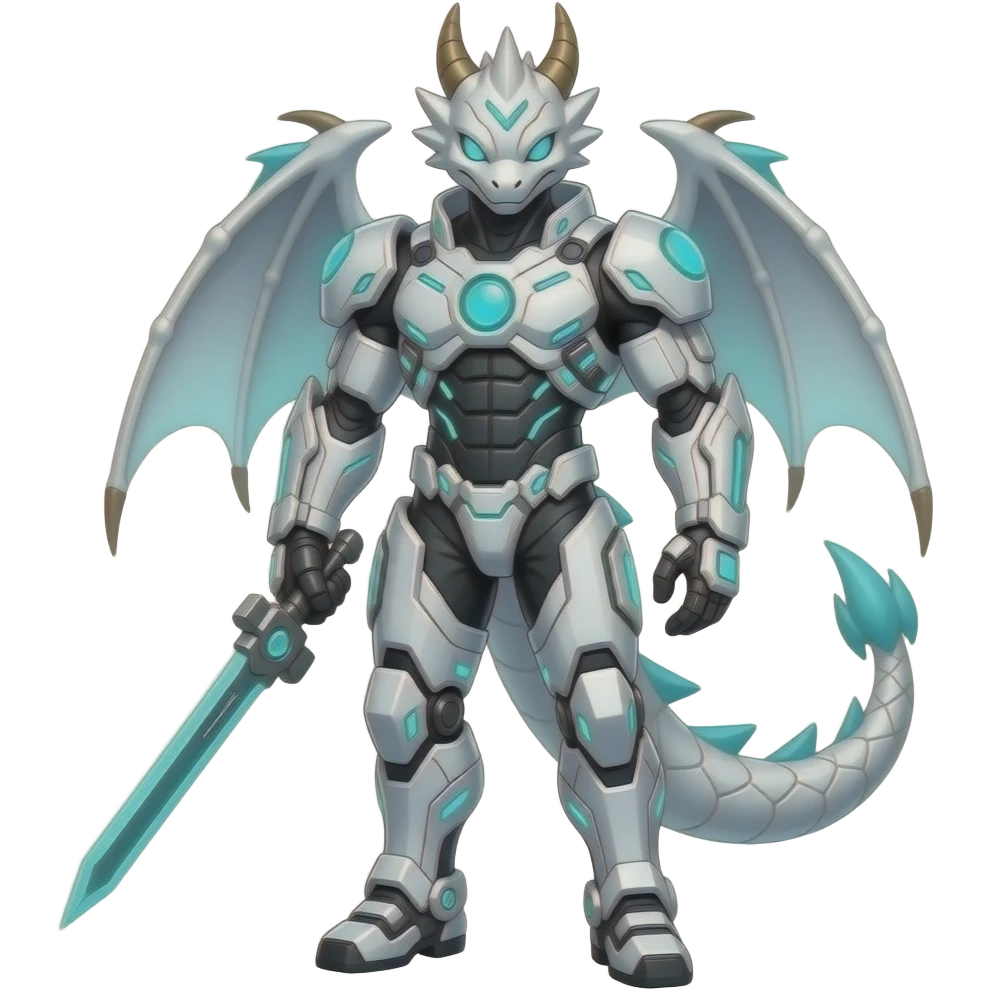 Futuristic white and glowing neon-cyan cyber-Armor-masked Raptorik draconian edgy badass Trico-Marowak-ExVeemon-Fakémon-hybrid emoji