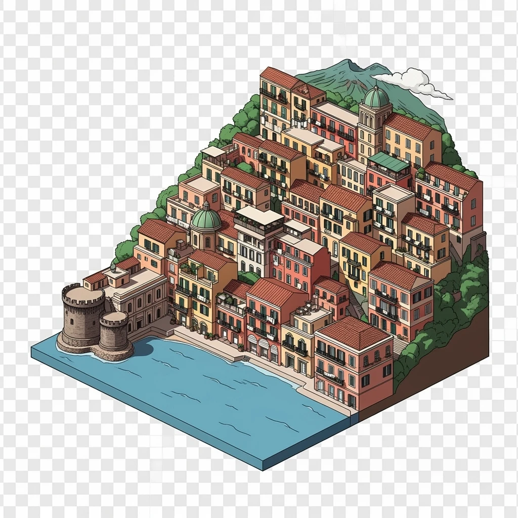 Isometric illustration of Naples, featuring colorful stacked coastal houses, highly detailed in semi-realistic style with sharp outlines, balanced between stylized and realistic, 3D miniature effect, transparent background. emoji