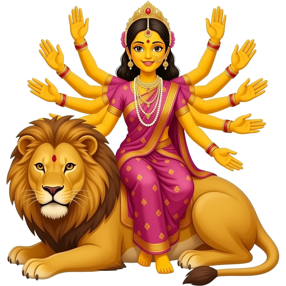 A bengali yellow skinned bride with exactly ten empty hands sitting on a lion emoji