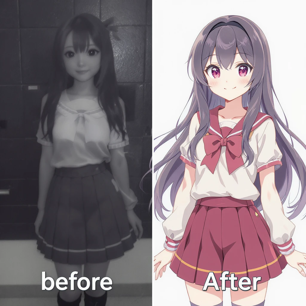 create before after image of a girl before is realsitic photo, after is anime version of her in same pose and clothes, add logo with text of a "FLUX Kontext Pro" emoji