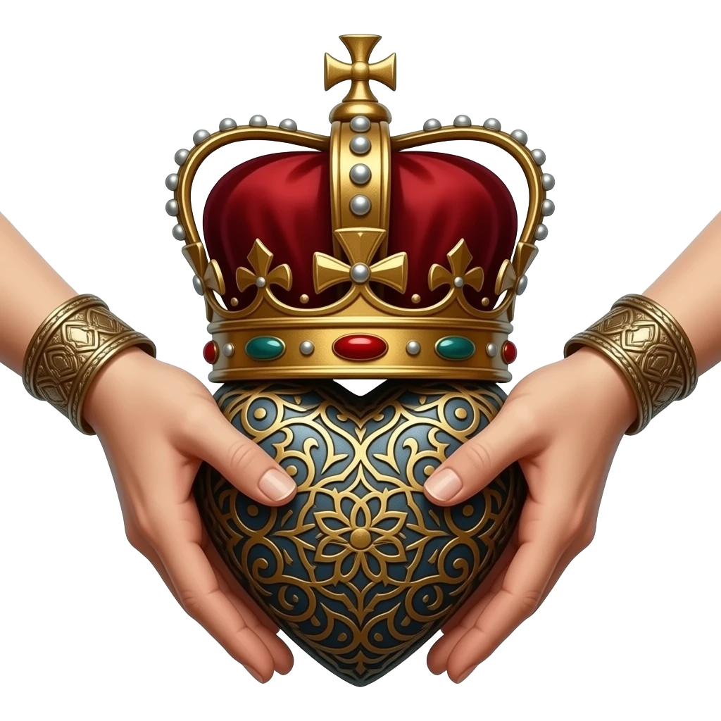 two elegant  hands with metal bracelets touch with their fingers a rusty heart richly ornamented with arabesques with a richly decorated royal crown,  (fingers are facing down and palms are facing up)   - dramatic lighting - backlight emoji
