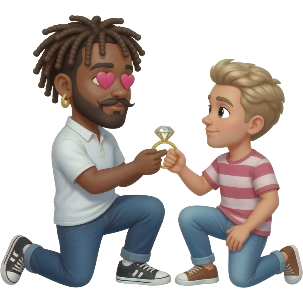 Make black man with thin mustache and tapered chin beard wrapped dreads centered on top of head, hearts as eyes, gold hoop earrings, bending knee proposing to no one, facing left with large Gold diamond ring in his hand emoji