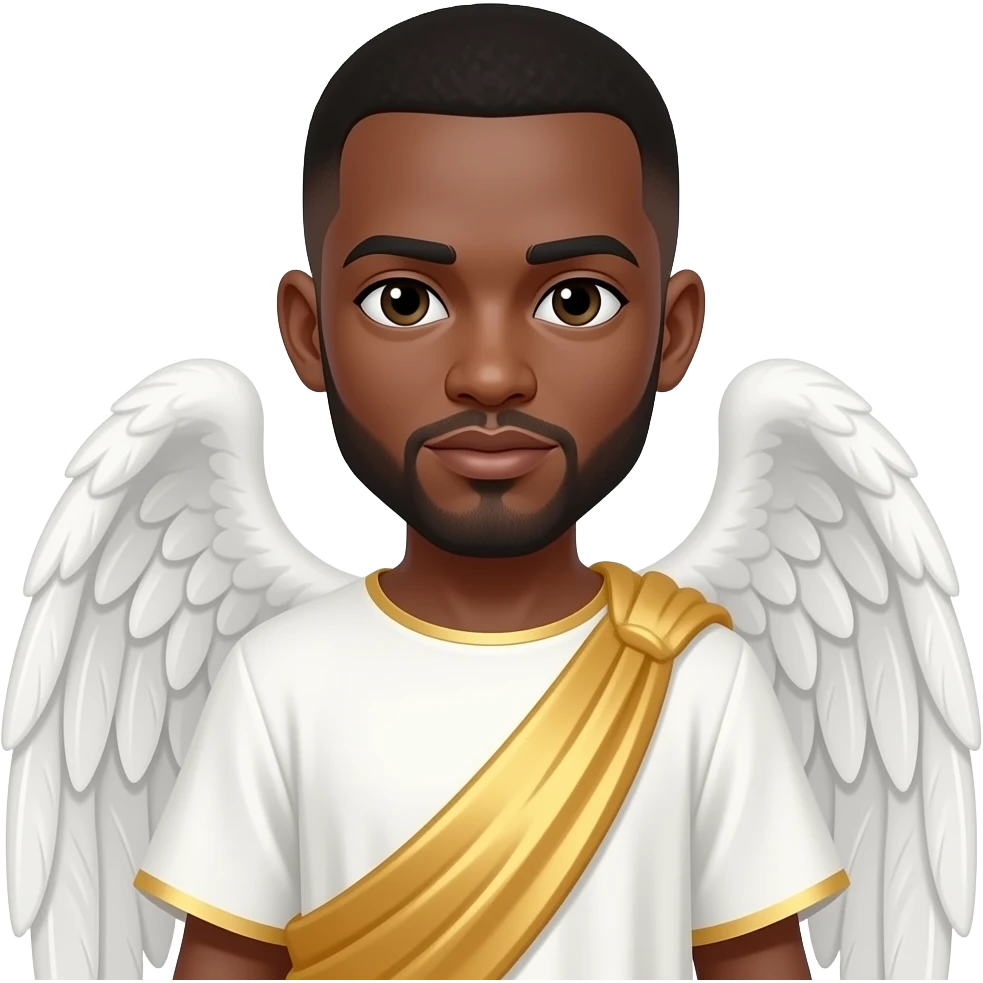 Male African American angel with a low fade taper haircut wearing a long white tunic with a gold sash on it emoji